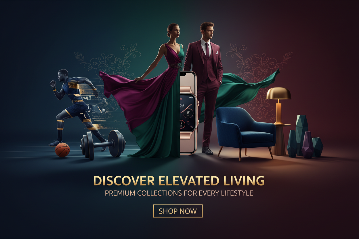 GENERA UNA IMAGEN DE PORTADA PARA UNA PAGINA QUE VENDE ROPA DE MUJER Y HOMBRE, ELECTRONICA, DEPORTES, HOME, ECT. LAIMAGEN DEBE VERSE ELEGANTE Y ATRACTIVA